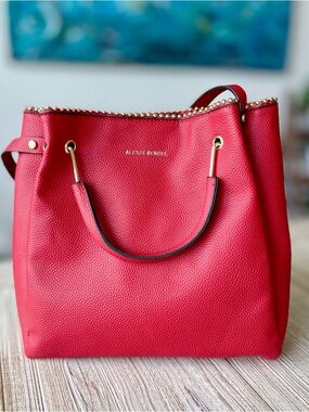 Alexis Bendel Red Studded Tote Bag | Gold Hardware | Structured Top Handle Purse